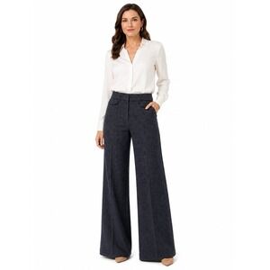 LOFT Women's 8 Navy Plaid Wide Leg Trousers High Waist Teacher Work Pants EUC